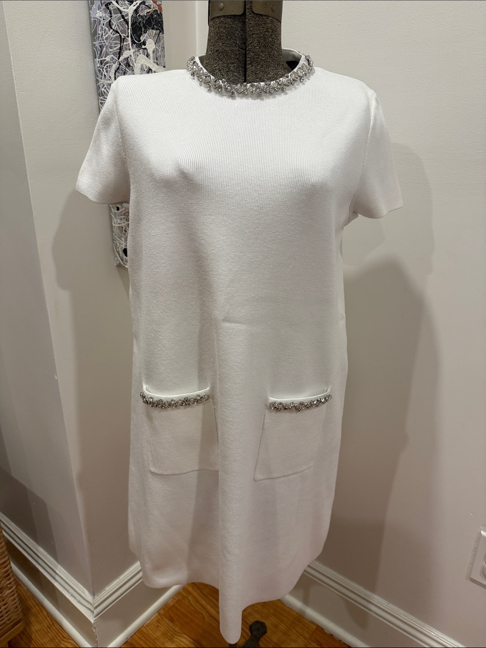 White Embellished Short-Sleeve Knit Dress